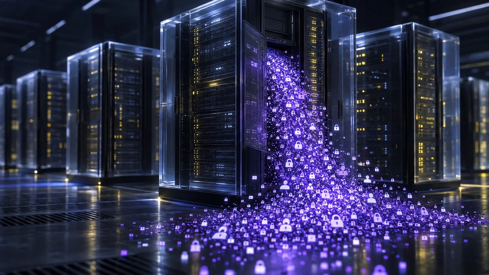 A dark server hall of translucent glass blocks, one spilling a torrent of glowing violet particles onto the floor