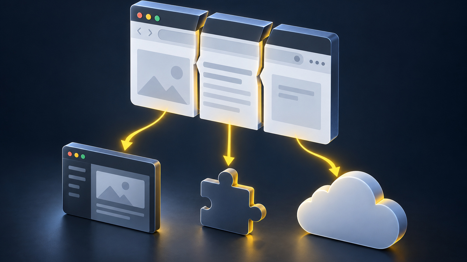Isometric illustration of a browser window splitting into three pieces that move into a desktop app, a browser extension, and a cloud