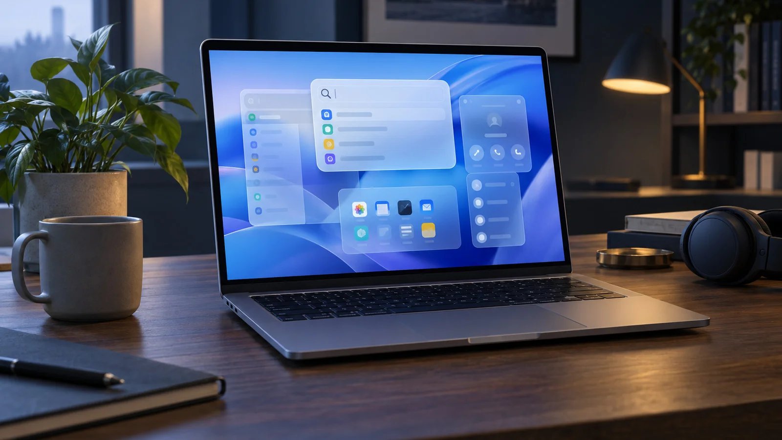 A thin aluminum laptop on a walnut desk, its screen showing layered frosted-glass panels over a blue-to-violet wallpaper