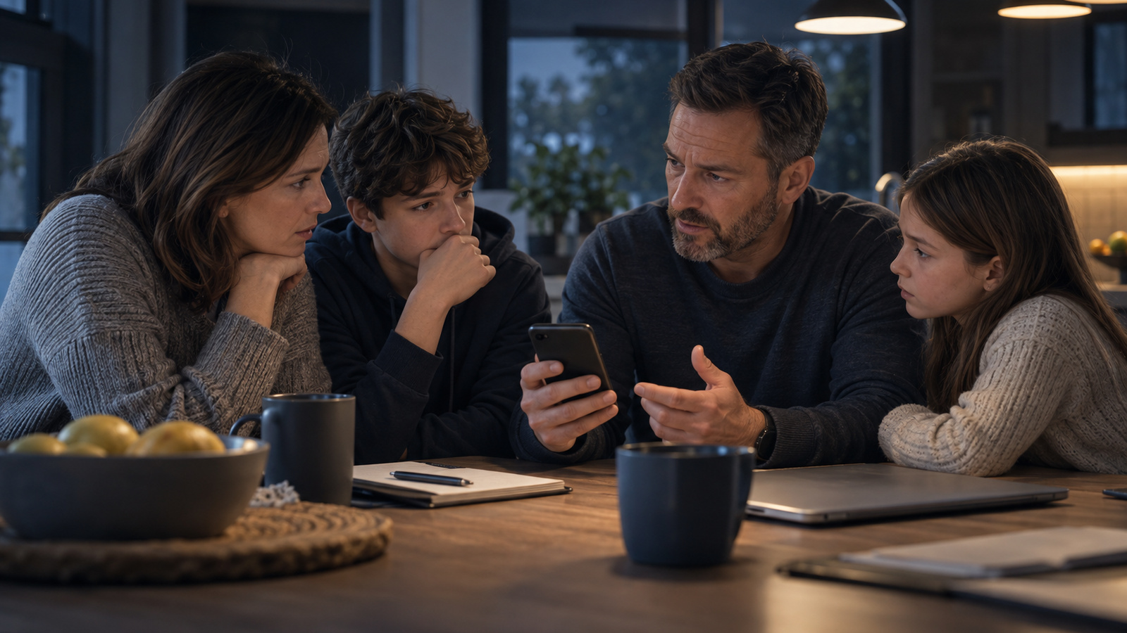 A family huddled at a kitchen table sharing a private word