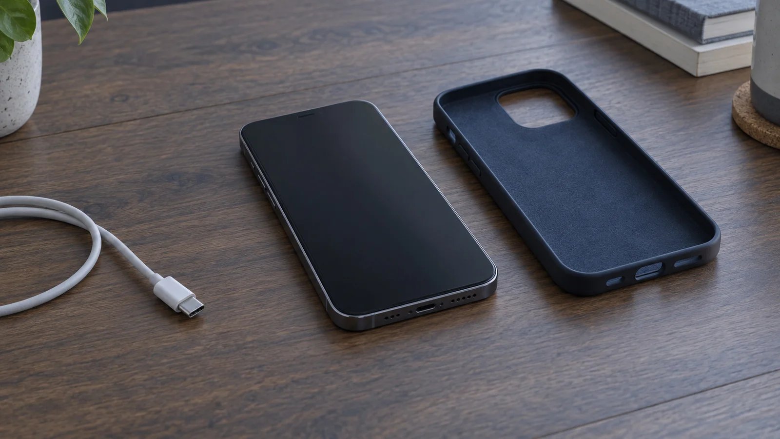 An intact smartphone on a shaded wooden table beside its removed outer case and an unplugged charging cable