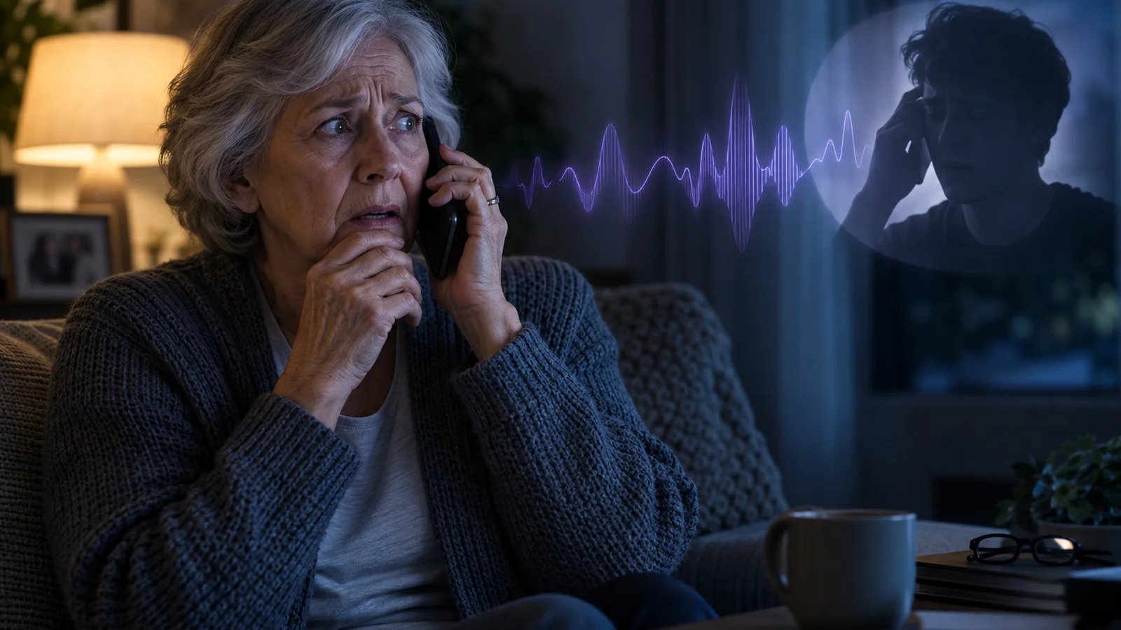 An older person holding a phone to their ear in a dim living room while a faint violet waveform ripples through the air