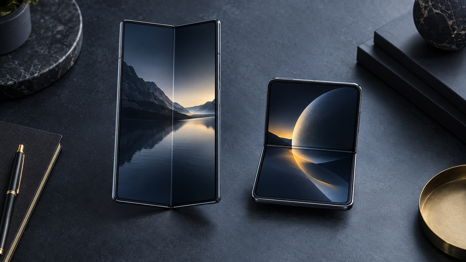 Two open foldable phones seen from above, one taller and narrower, the other wider and shorter