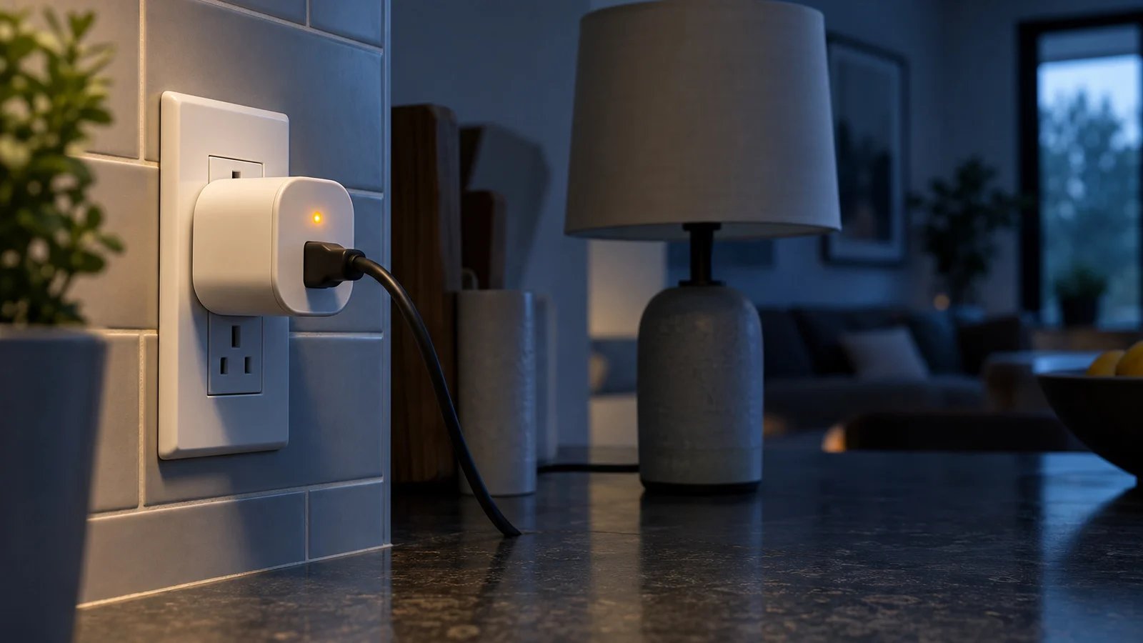 A white smart plug in a kitchen wall socket with its status LED blinking amber while a smart bulb lamp behind it sits dark