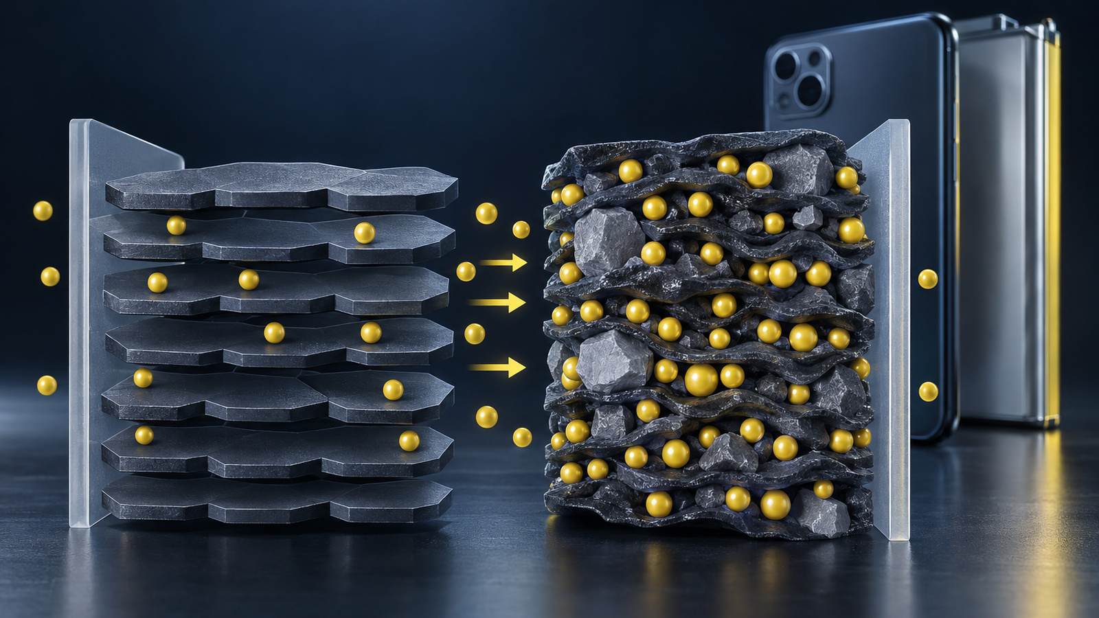 Illustration comparing a layered graphite anode holding few lithium ions with a silicon-carbon anode holding many more