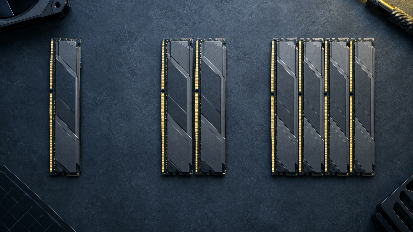 Top-down photo of one, two and four DDR5 modules representing 16GB, 32GB and 64GB configurations