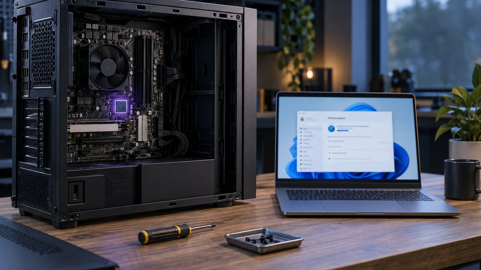 A desktop PC tower with its side panel removed on a workbench, a small chip on the motherboard lit in violet, next to a laptop showing a blurred settings screen