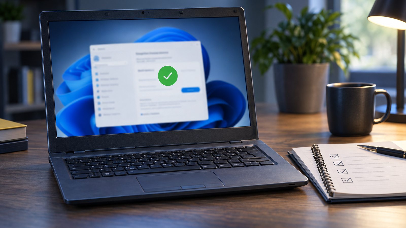 Older laptop on a desk with a blurred settings screen showing a green checkmark, next to a paper planner