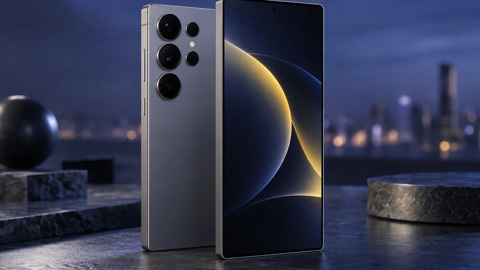 Large premium flagship smartphone with flat titanium-grey edges standing upright on a slate surface under blue-violet studio light