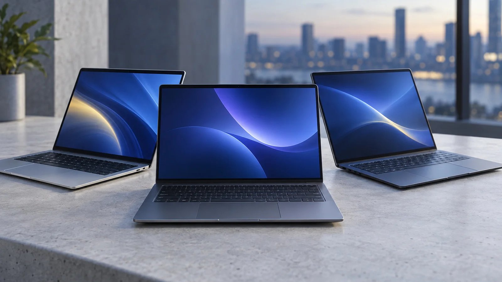 Three unbranded ultra-thin laptops fanned out on a pale concrete surface with lids half open and screens glowing blue-violet