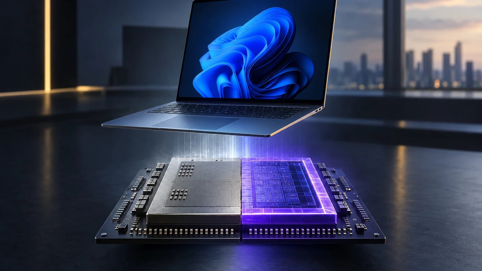 A slim laptop floating above a processor package split into a grey half and a glowing violet half, suggesting two chip architectures