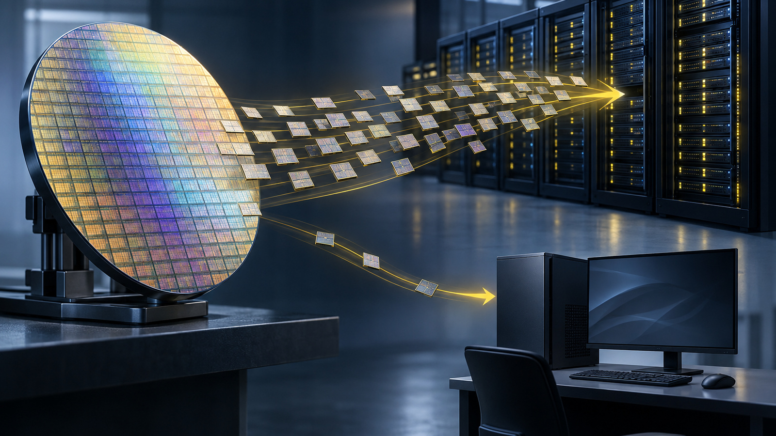 Illustration of a silicon wafer with most of its chips flowing toward data center server racks and only a few toward a desktop PC