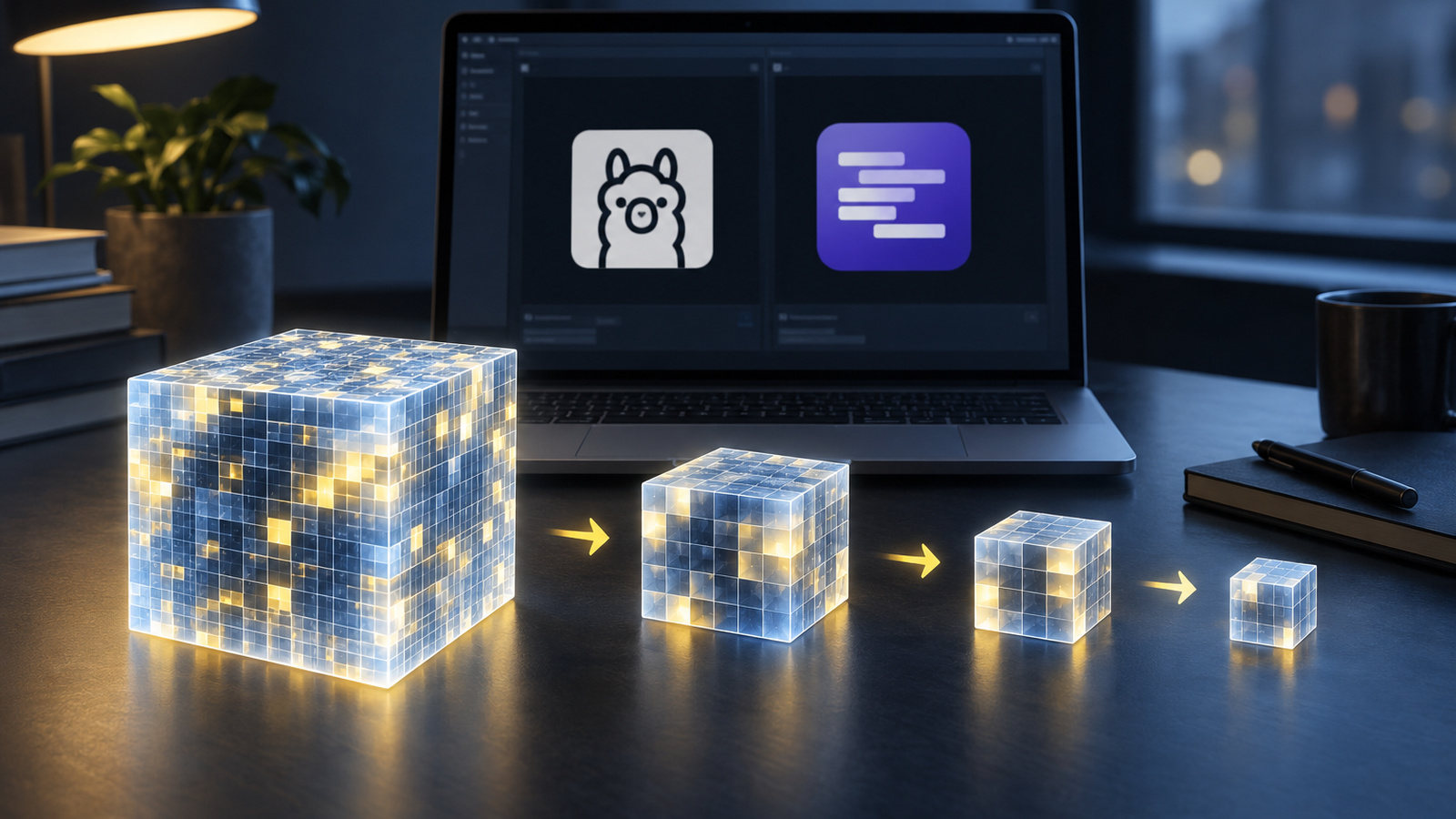 A large glowing cube shrinking into smaller, simpler cubes, illustrating how quantization shrinks a model
