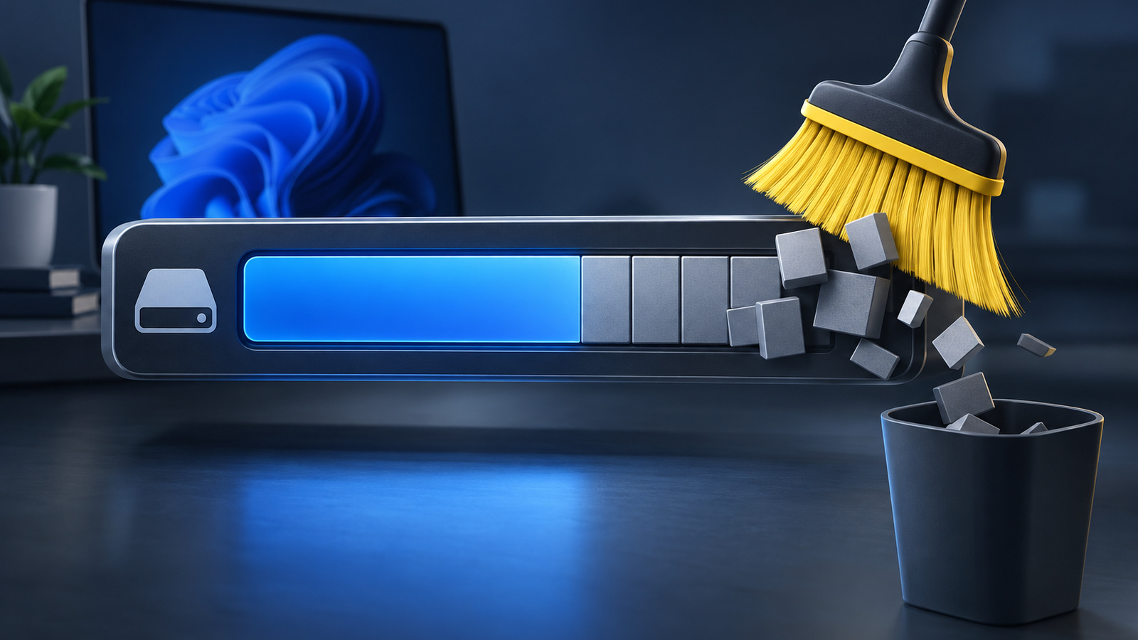 3D illustration of a storage bar with gray blocks being swept out, representing automatic cleanup