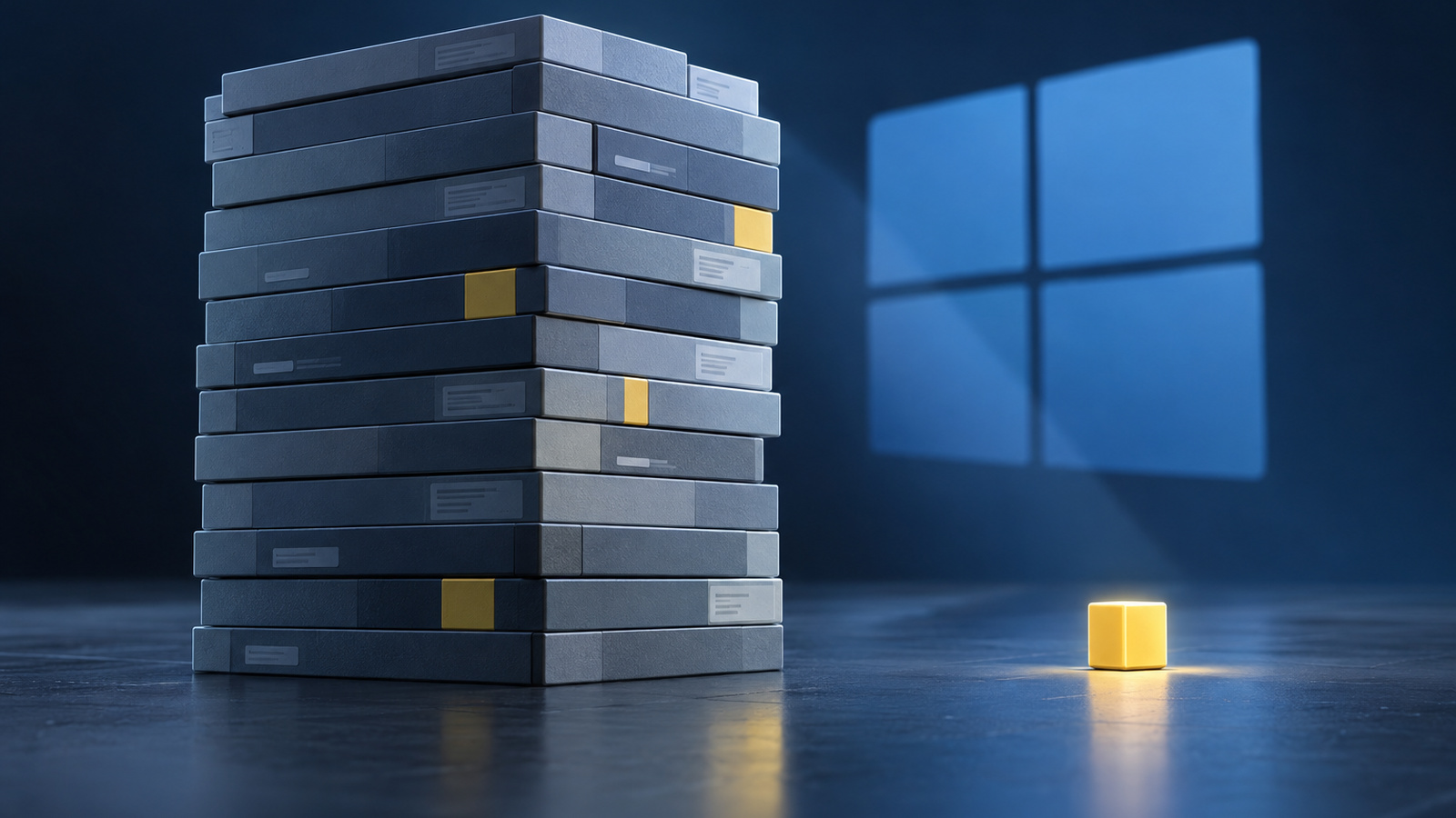 3D illustration contrasting a large stack of blocks with a single tiny glowing cube, symbolizing a small enablement update versus a full download