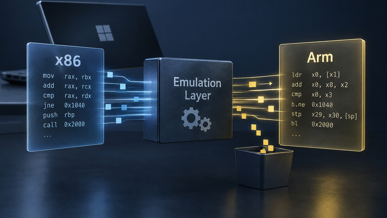 Abstract illustration of x86 instructions being translated through an emulation layer into Arm instructions, with some overhead lost