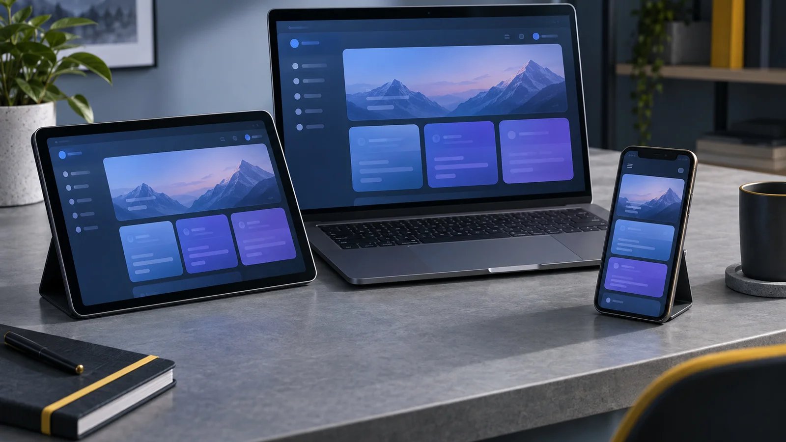 A phone, tablet and laptop on a grey desk, all showing the same app interface of translucent blue and violet cards