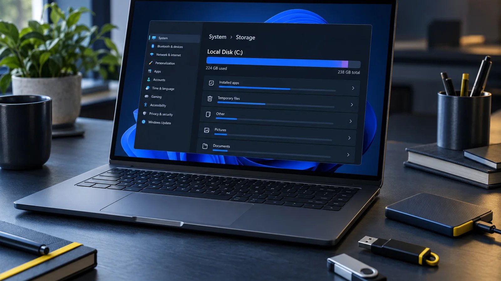 A laptop on a desk showing a storage bar almost completely filled with blue and violet blocks, with USB sticks and an external SSD nearby