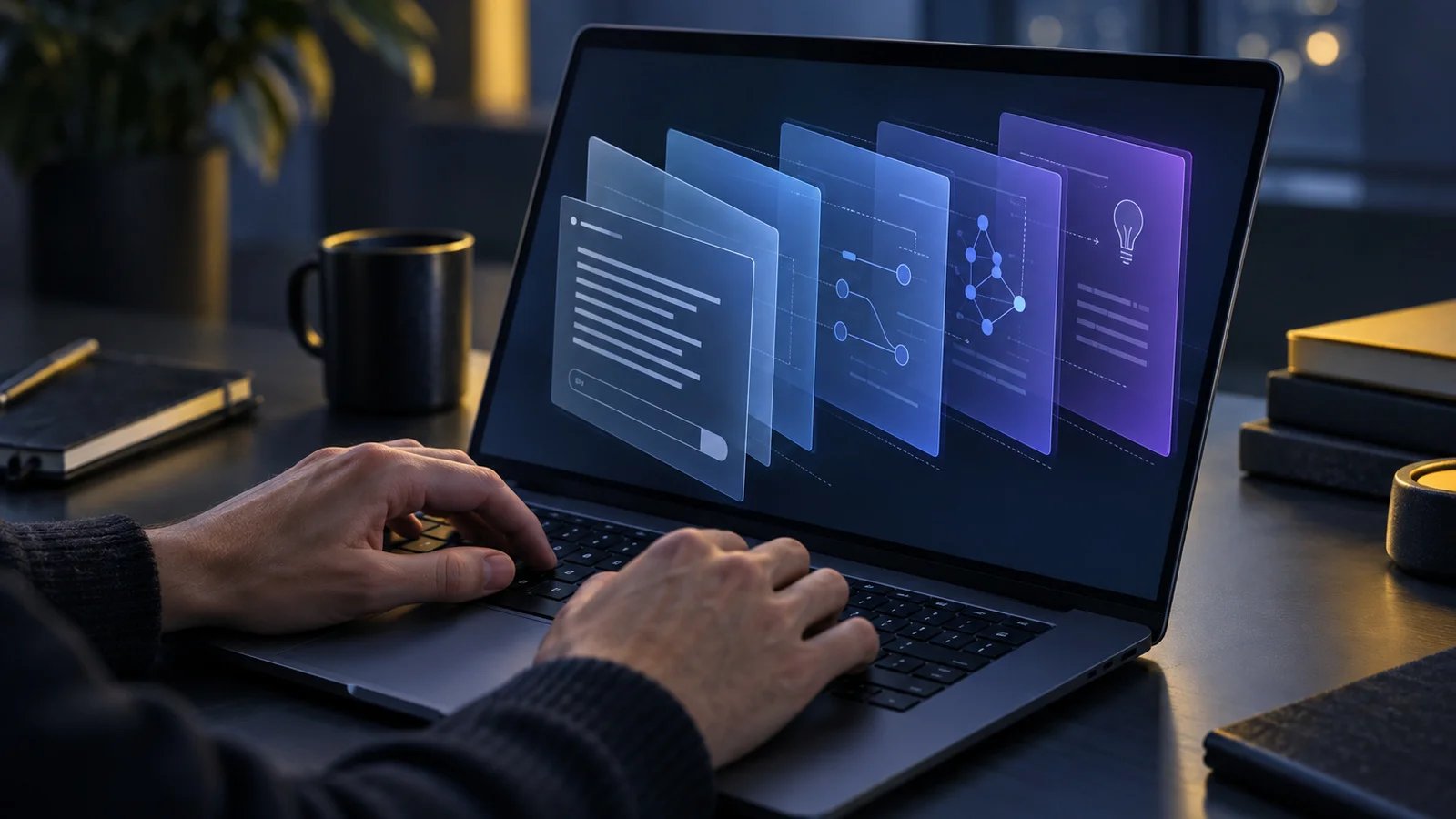 Hands typing on a laptop whose screen shows translucent blue and violet panels stacked like layers of thought