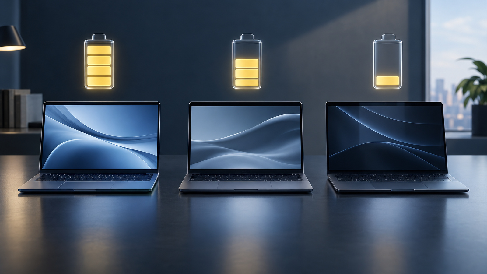 Three glass battery icons filled to different levels, representing battery life differences between the laptops