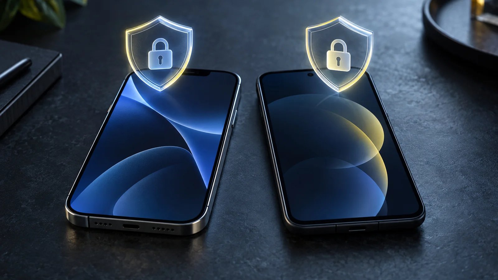 Two smartphones lying side by side on dark slate with a small transparent shield hovering above each one