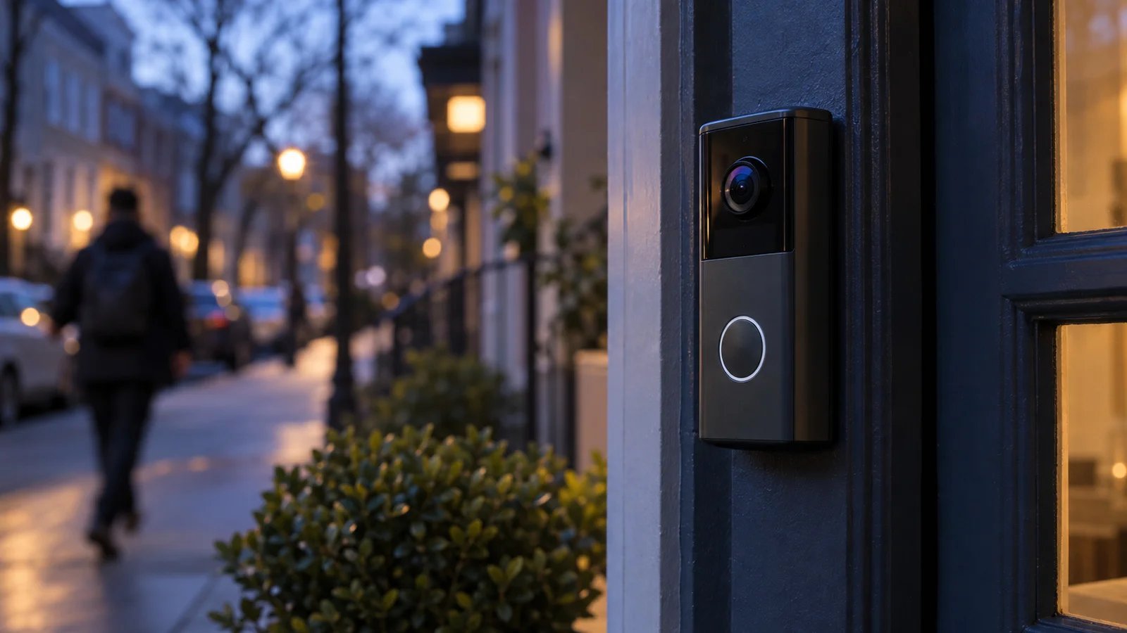 A video doorbell on a townhouse door frame at dusk, its lens reflecting blue-violet light as a blurred figure passes on the sidewalk
