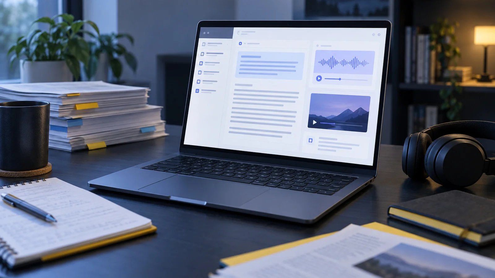 An open laptop on a tidy desk showing an abstract notebook interface of blue and violet blocks, beside a stack of documents and headphones