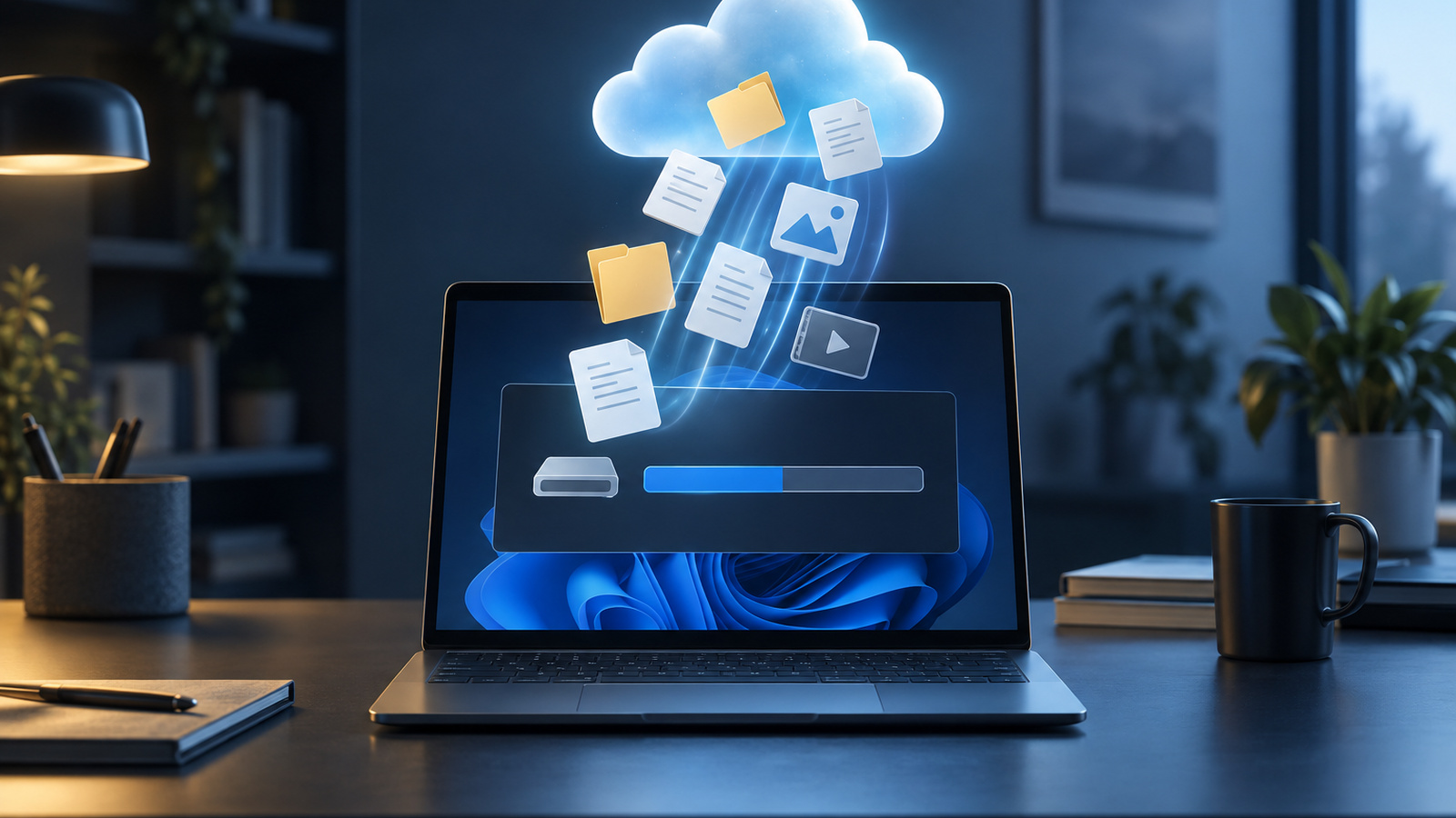 Illustration of documents floating from a laptop up into a cloud, freeing local storage
