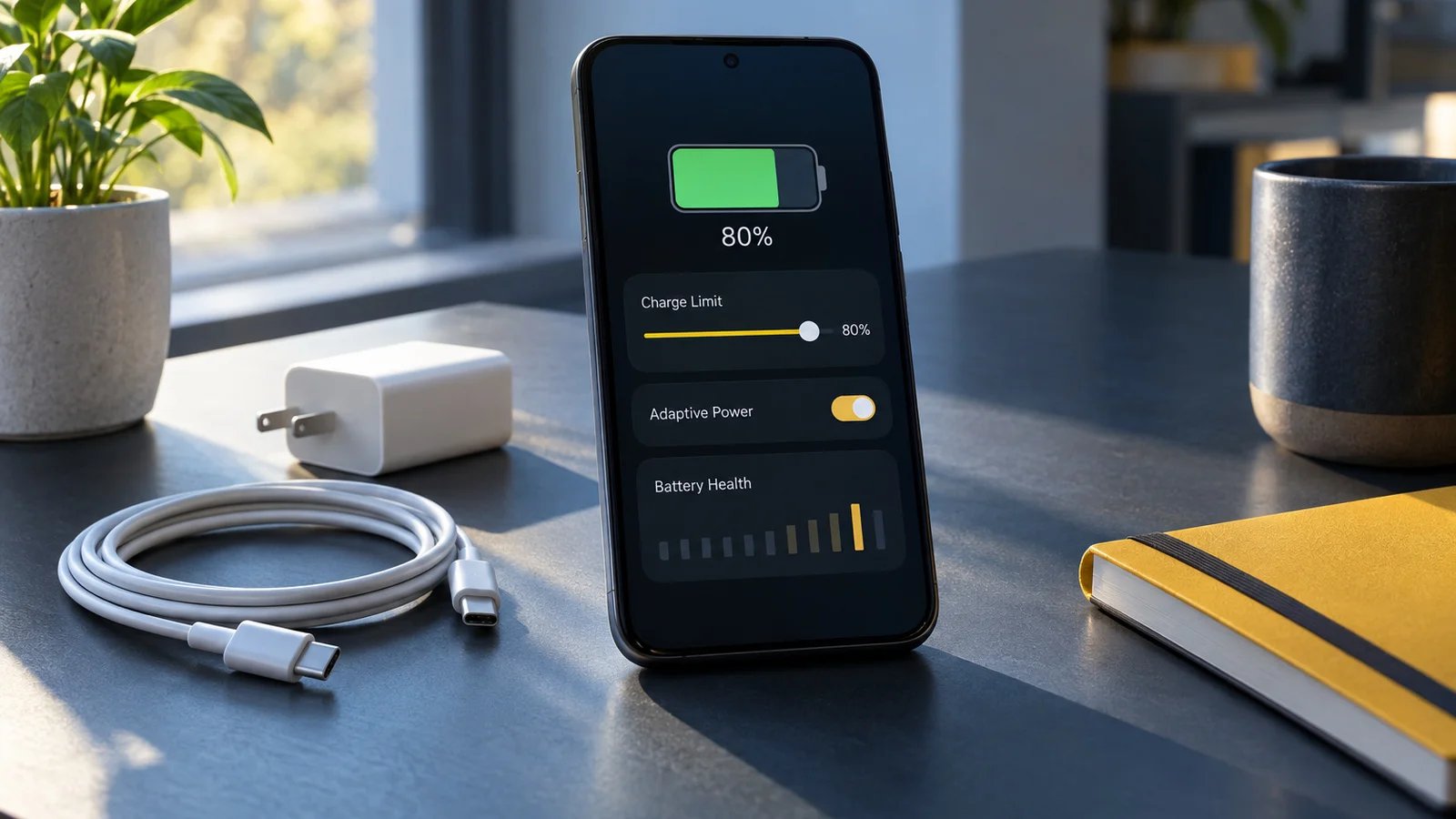 Smartphone on a desk next to a coiled charging cable and a small wall charger in soft morning light