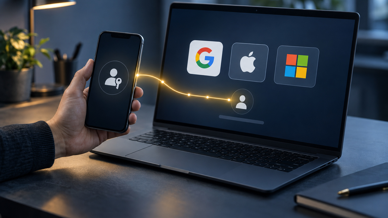 Phone held up to a laptop screen with a glowing link between the two devices