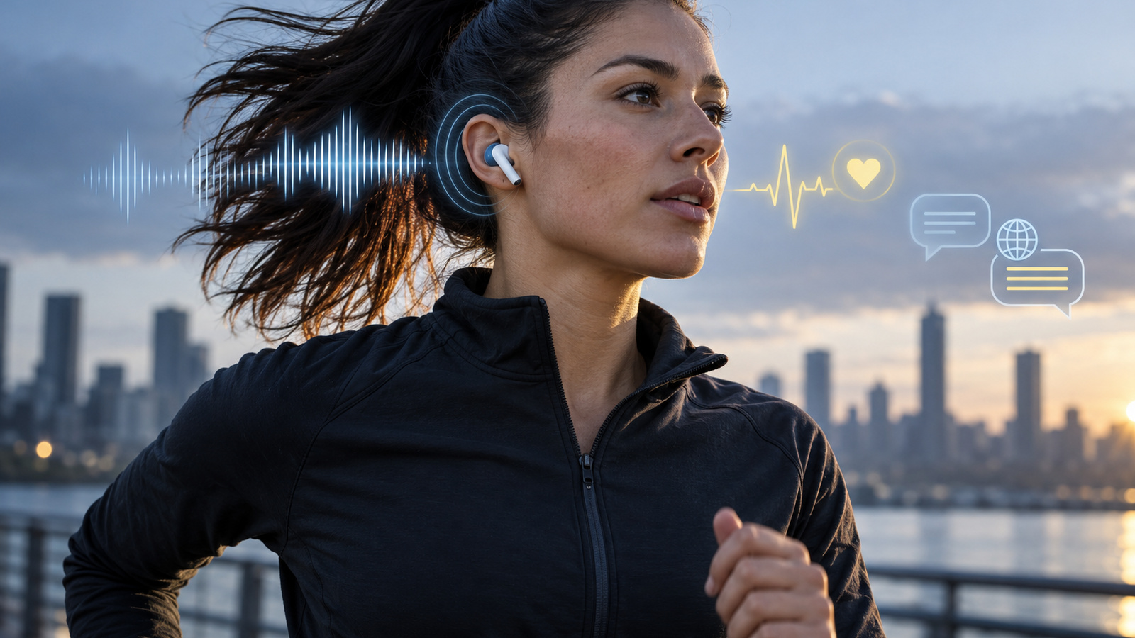 Runner wearing a wireless earbud with an abstract heartbeat glow