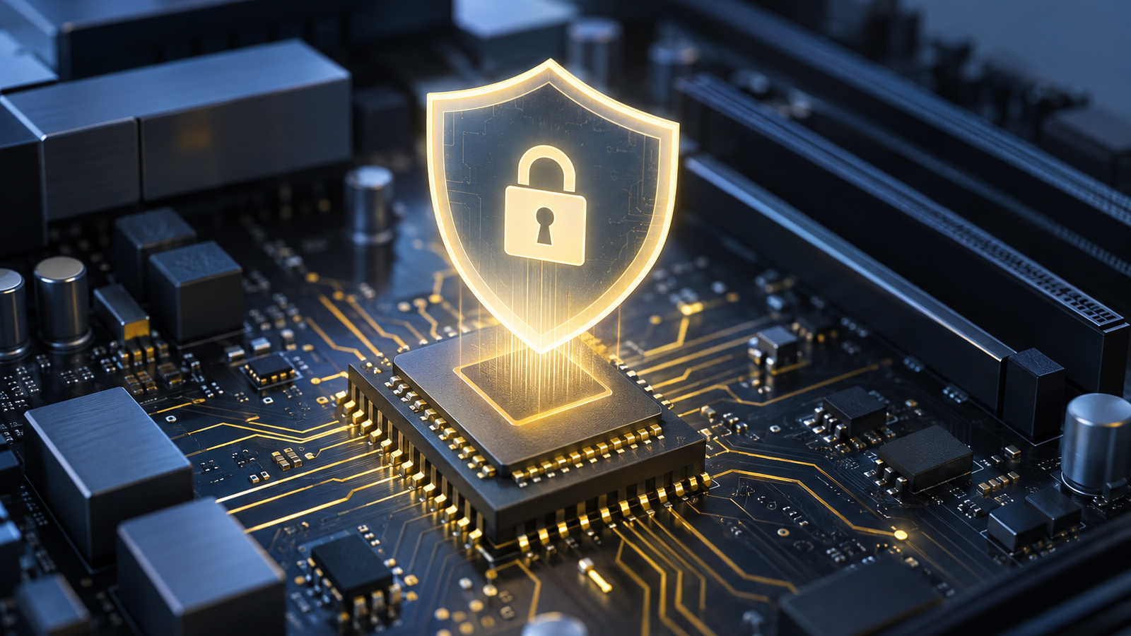 Stylized 3D render of a motherboard chip with a glowing shield above it, representing the TPM security module
