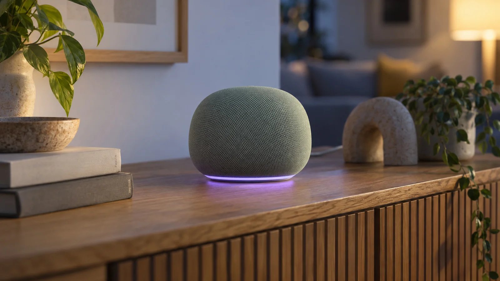 A small rounded fabric smart speaker in sage green on an oak sideboard with a faint violet light ring beneath it