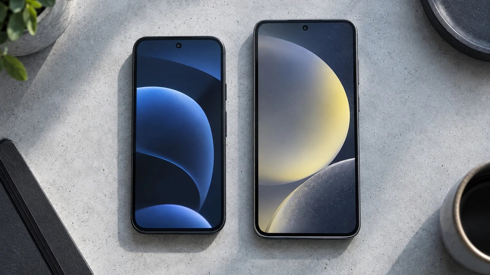 Two generic smartphones with different screen sizes lying face-up on a pale concrete surface