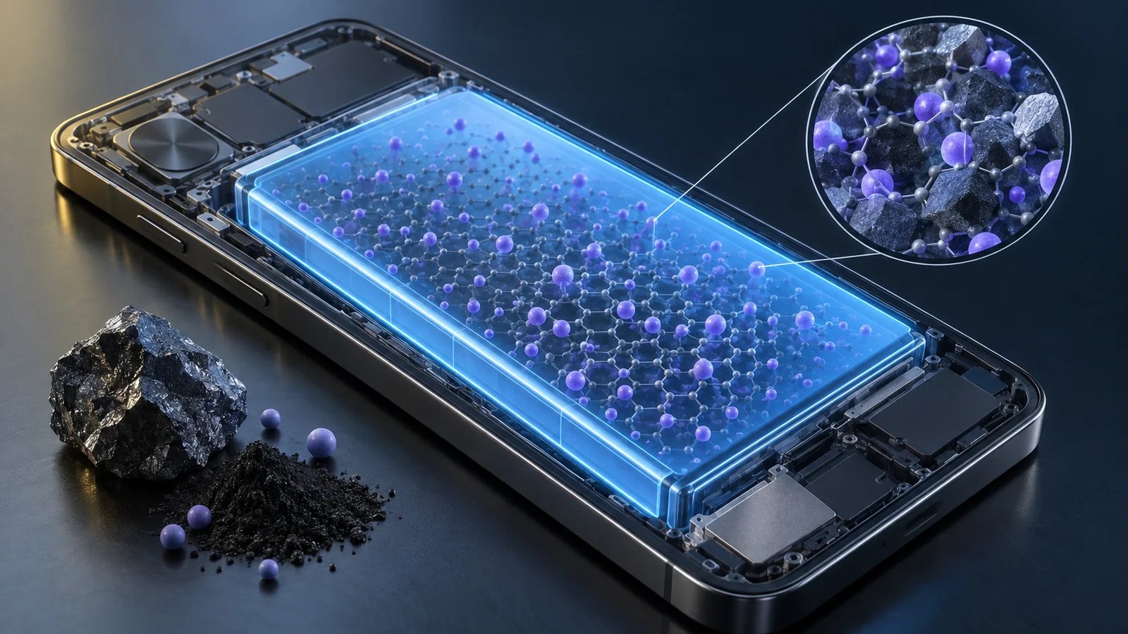 Translucent cutaway of a slim smartphone revealing a large glowing blue battery cell with violet particles drifting through a lattice inside it