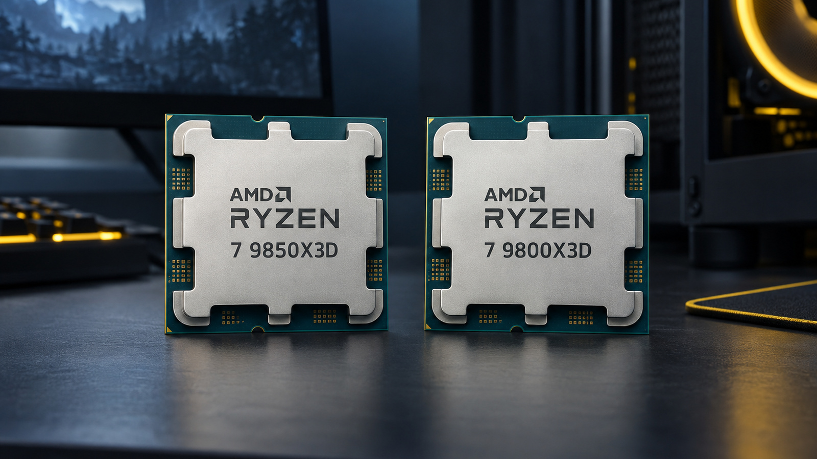 Two nearly identical CPUs side by side, illustrating the marginal difference between the 9850X3D and the 9800X3D