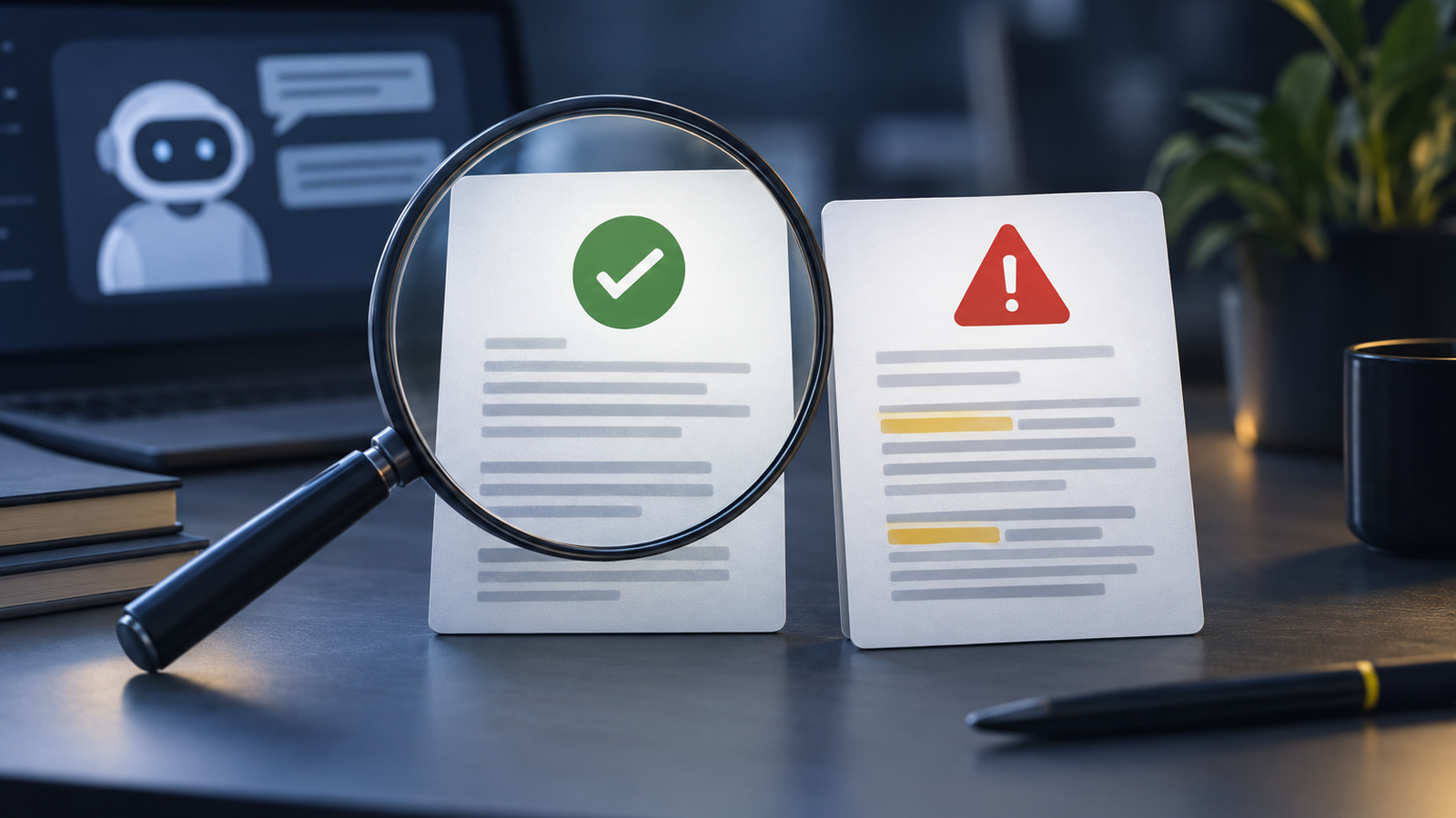 A magnifying glass over document cards, one verified and one flagged, illustrating fact-checking AI output