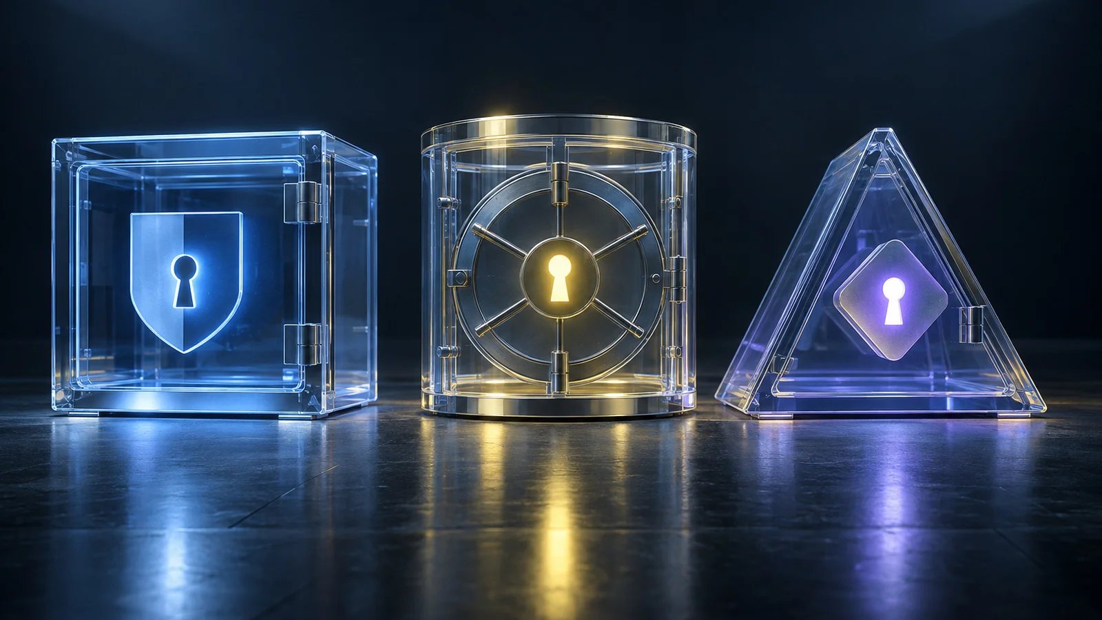 Three translucent glass vaults of different shapes standing in a row on a dark glossy floor, each with a glowing keyhole