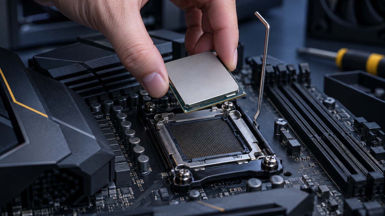 Hands lowering a CPU straight down into an open AM5-style socket with the retention lever raised