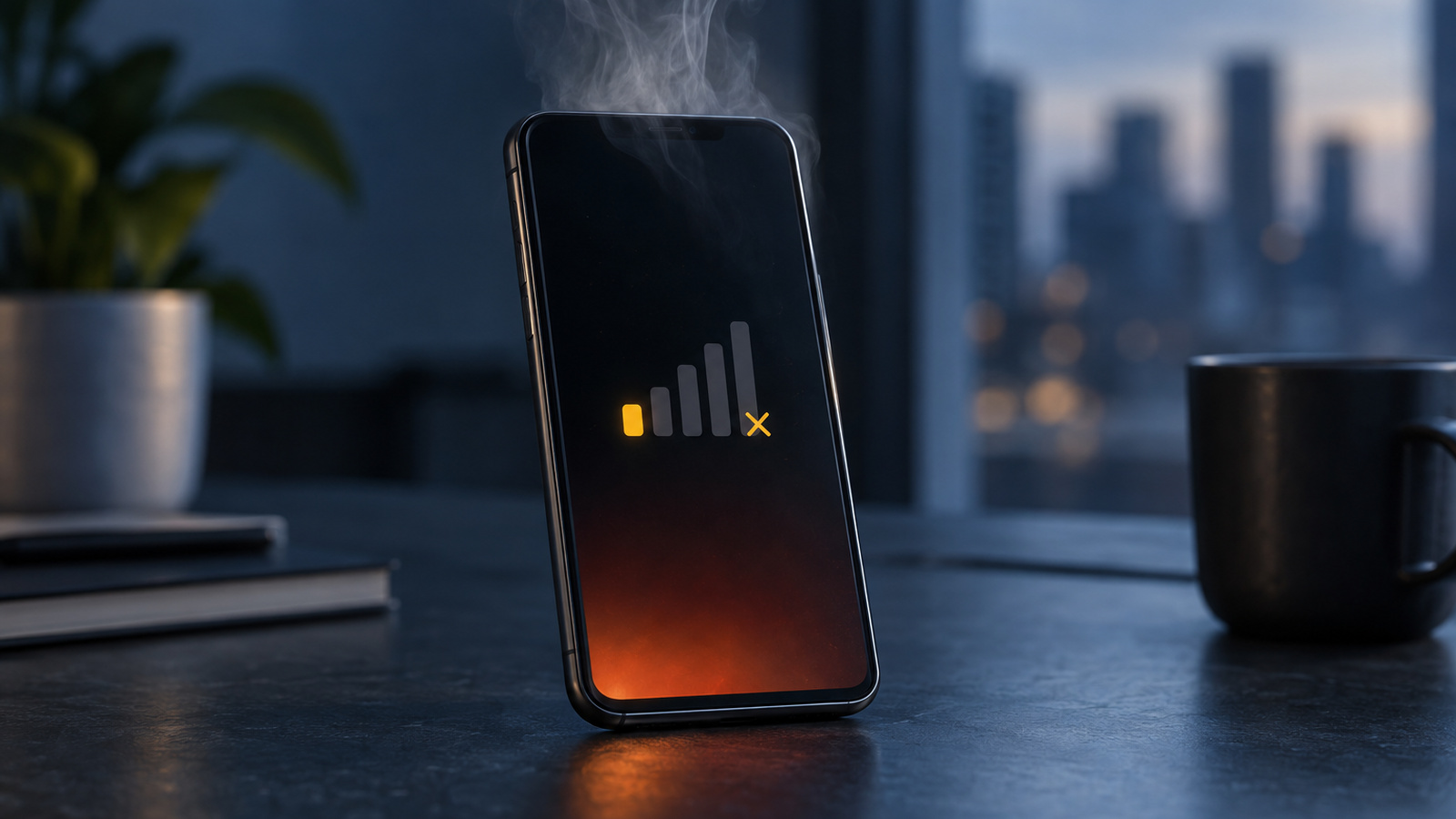 Phone emitting broken signal arcs, illustrating a weak connection making the device work harder