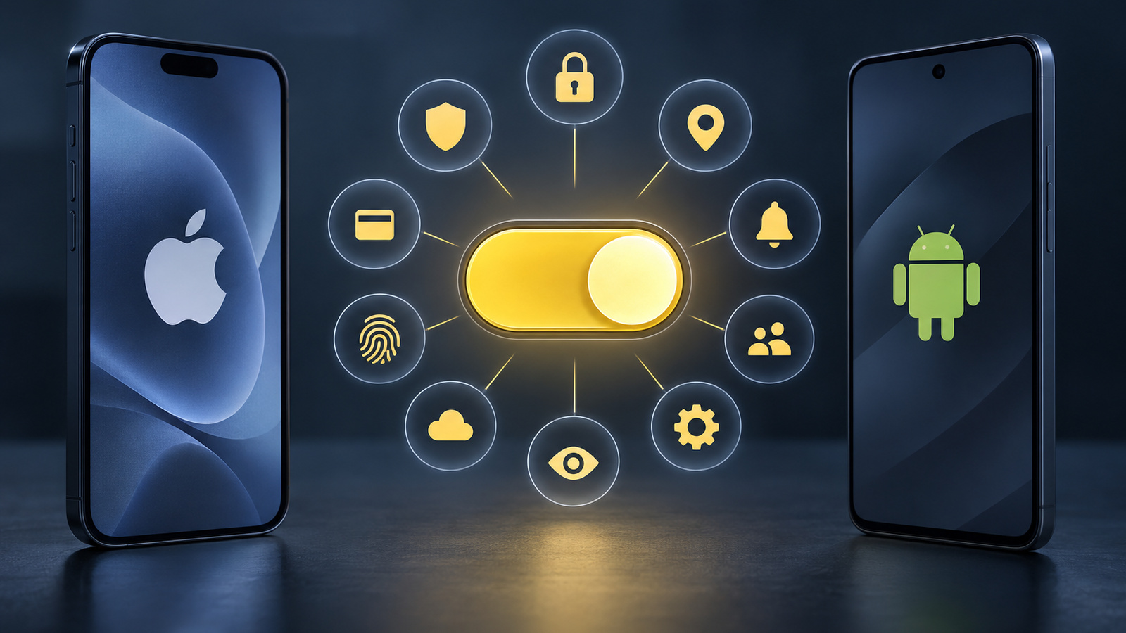 One toggle switch surrounded by icons representing the protections it enables