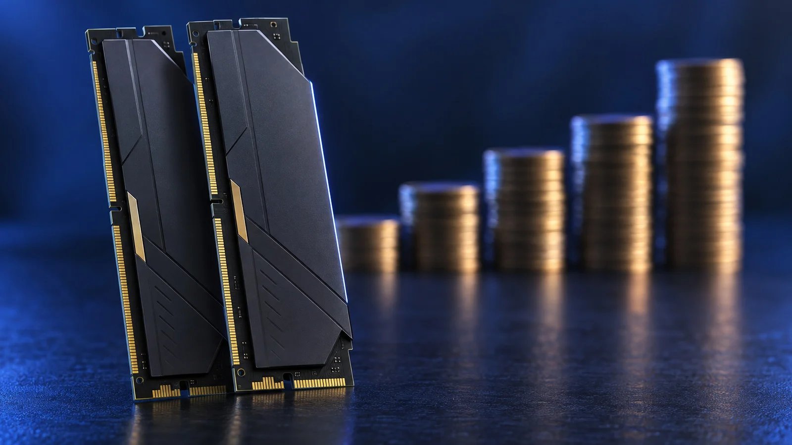 Two DDR5 memory modules standing upright on a dark surface with blue-violet rim lighting and a blurred stack of coins behind them