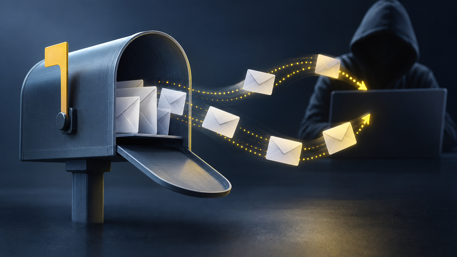 Abstract illustration of email particles being secretly diverted away from a mailbox