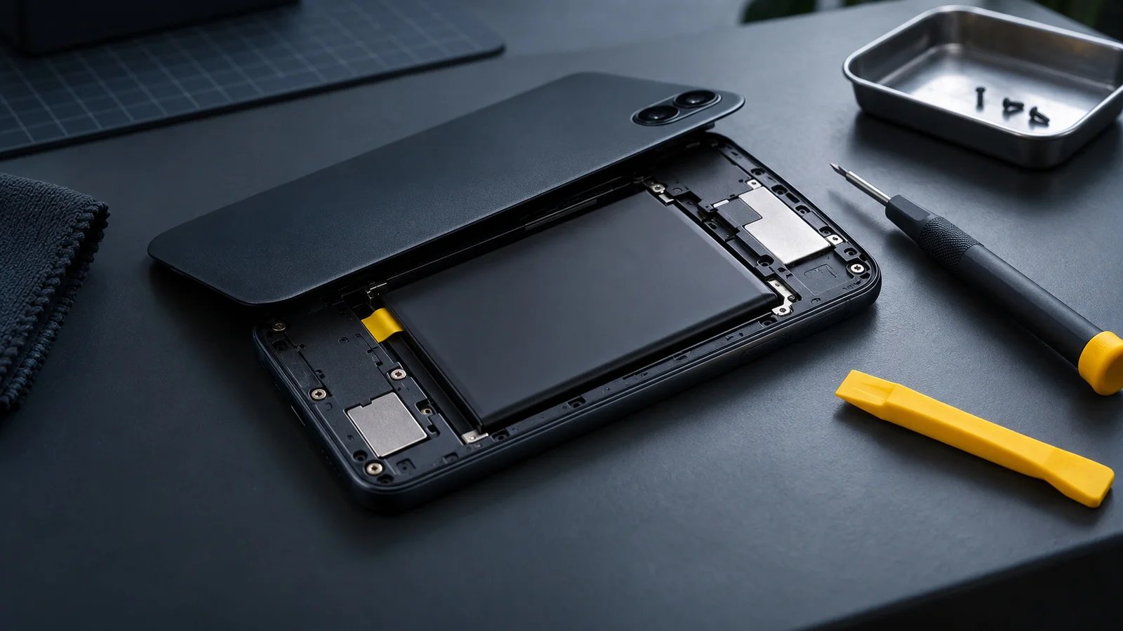 Smartphone face-down on a workbench with its back cover lifted to expose the battery, a pry tool and screwdriver beside it