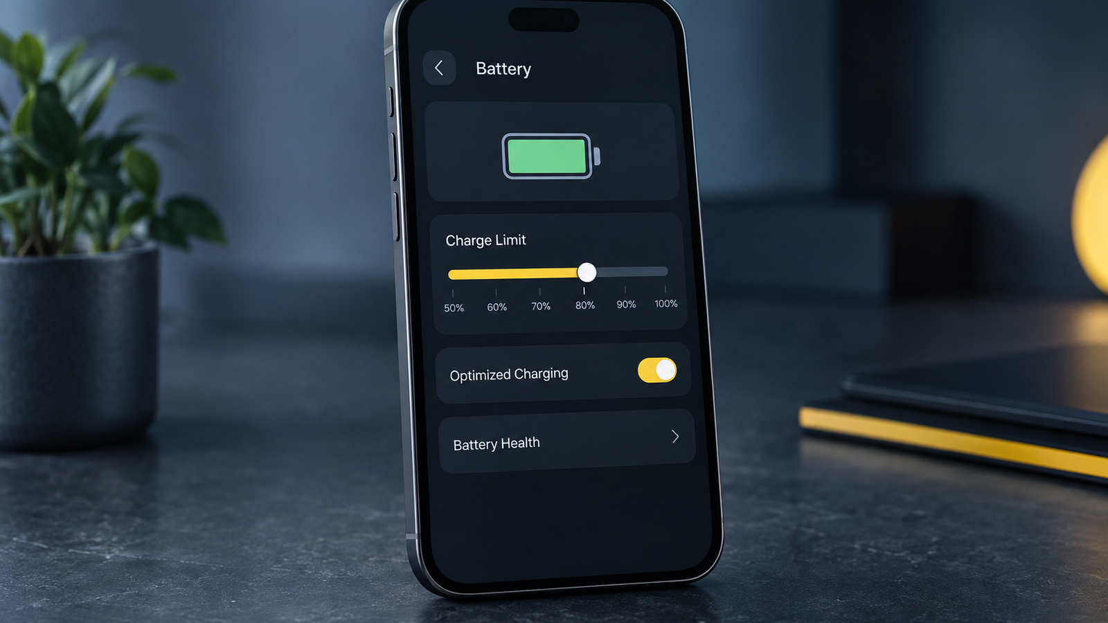 Abstract phone settings screen with a charge-limit slider set near the four-fifths mark
