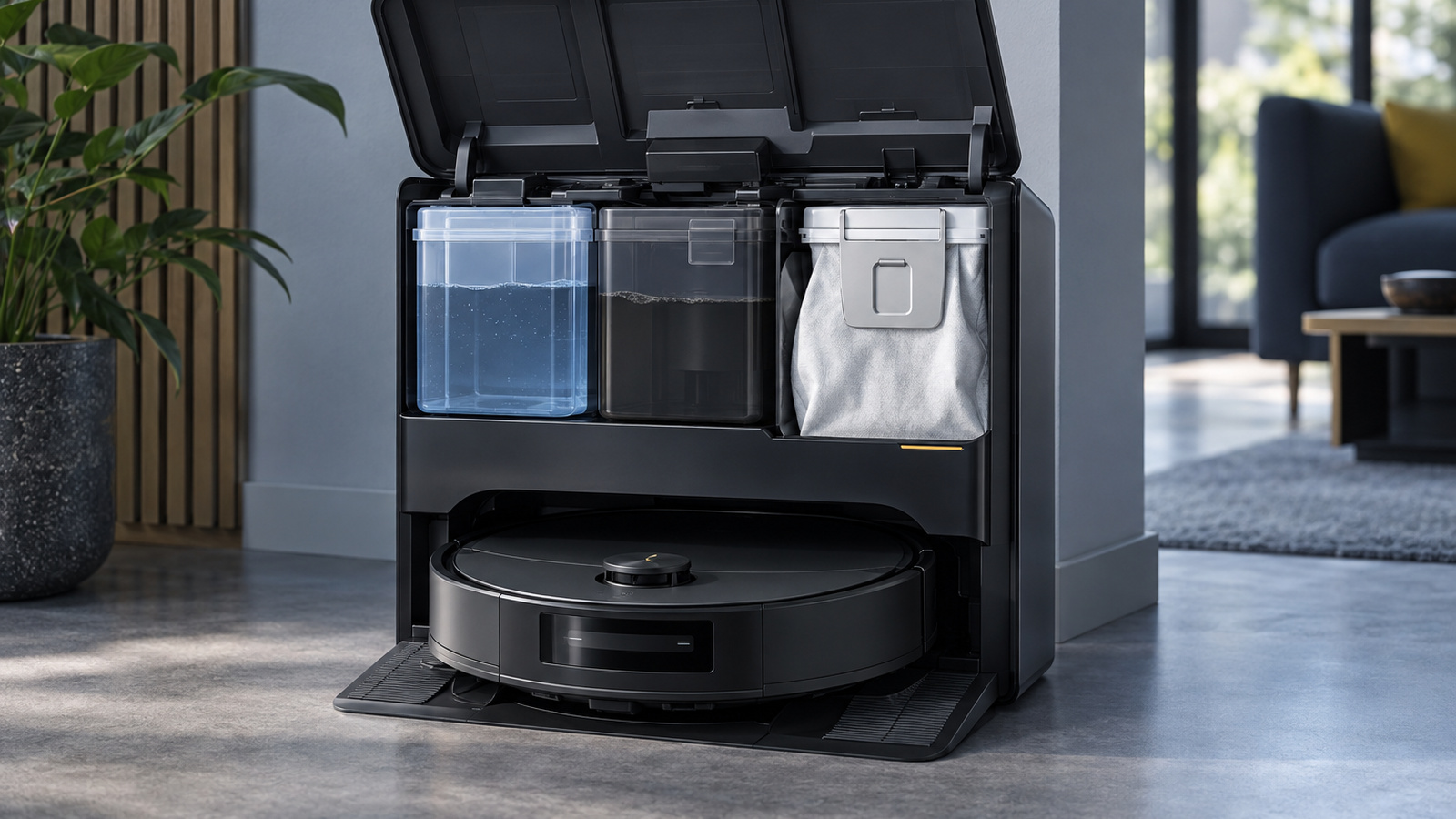 A robot vacuum dock with its lid open showing water tanks and a dust bag