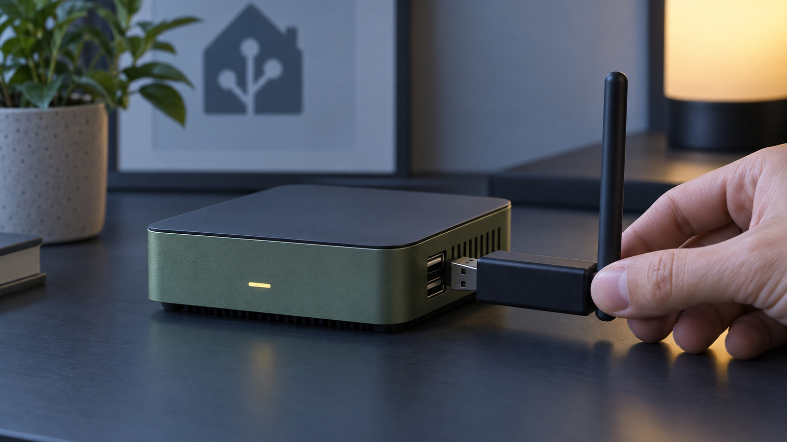 A USB Zigbee and Thread radio being plugged into a compact smart home hub