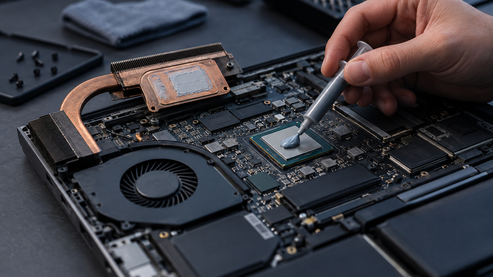 Applying fresh thermal paste to a laptop processor die after removing the heatsink