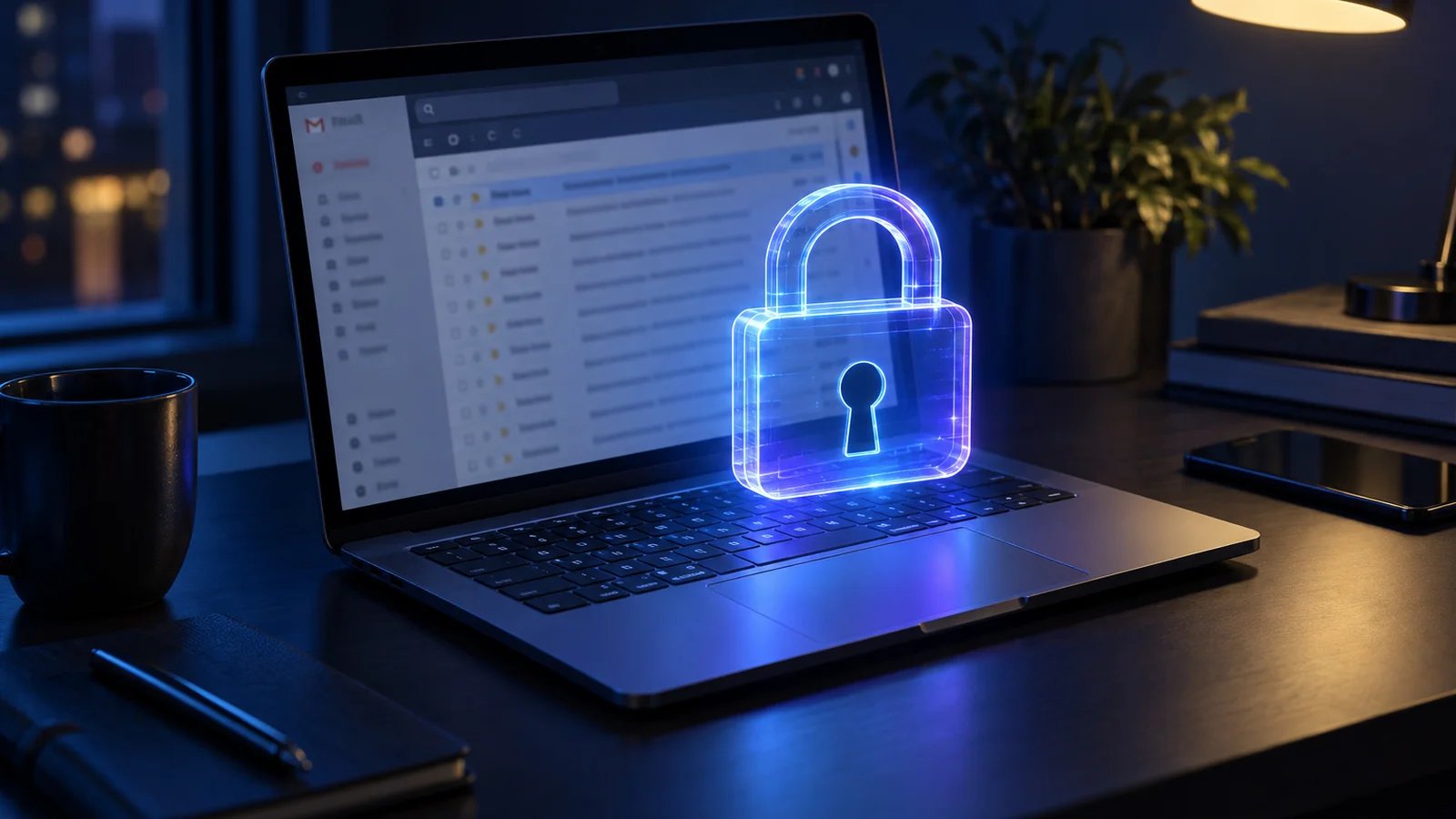 A laptop on a dark desk at night with a translucent padlock floating above the keyboard, lit in blue and violet