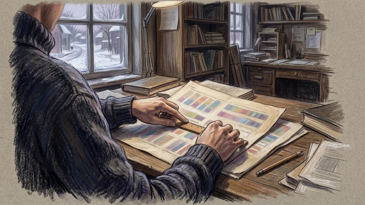 A sketch-style illustration of a person sitting at a wooden desk in a room with a view of a snowy landscape, measuring colorful bar charts on paper with a ruler.